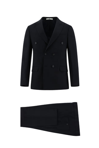  Koyu Lacivert Super Slim Fit Ekstra Dar Kesim Yünlü Kruvaze Takım Elbise