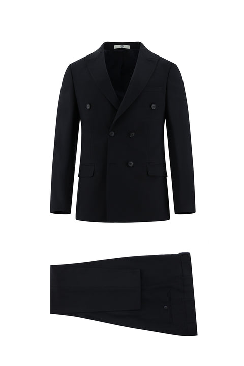 Koyu Lacivert 7 Drop Slim Fit Dar Kesim Yünlü Kruvaze Takım Elbise