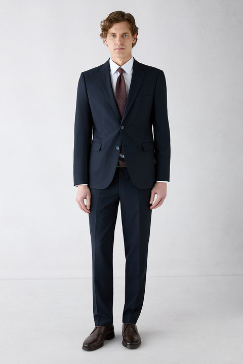 Koyu Lacivert 7 Drop Super Slim Fit Eksra Dar Kesim Mono Yaka Yünlü Takım Elbise