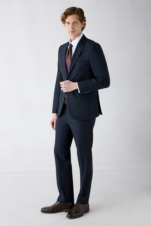 Koyu Lacivert 7 Drop Super Slim Fit Eksra Dar Kesim Mono Yaka Yünlü Takım Elbise