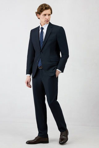  Koyu Lacivert 4 Drop Relaxed Fit Rahat Kesim Mono Yaka Yünlü Klasik Takım Elbise