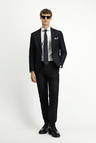  Siyah Slim Fit Dar Kesim Beli Lastikli Yünlü Klasik Takım Elbise