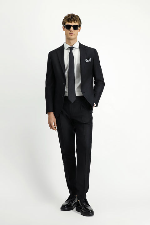 Siyah 7 Drop Slim Fit Dar Kesim Beli Lastikli Yünlü Takım Elbise