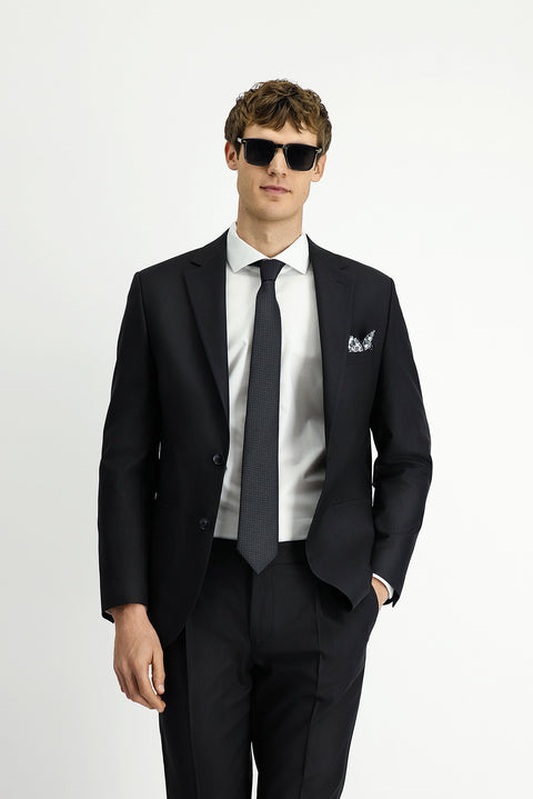 Siyah 7 Drop Slim Fit Dar Kesim Beli Lastikli Yünlü Takım Elbise