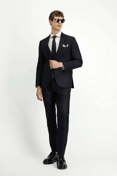 Siyah 7 Drop Slim Fit Dar Kesim Beli Lastikli Yünlü Takım Elbise