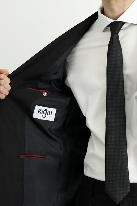 Siyah 7 Drop Slim Fit Dar Kesim Beli Lastikli Yünlü Takım Elbise