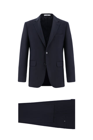  Koyu Lacivert Slim Fit Dar Kesim Yünlü Klasik Takım Elbise