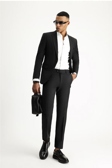 Siyah Slim Fit Dar Kesim Yünlü Klasik Takım Elbise