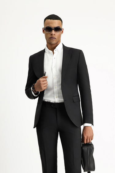 Siyah Slim Fit Dar Kesim Yünlü Klasik Takım Elbise