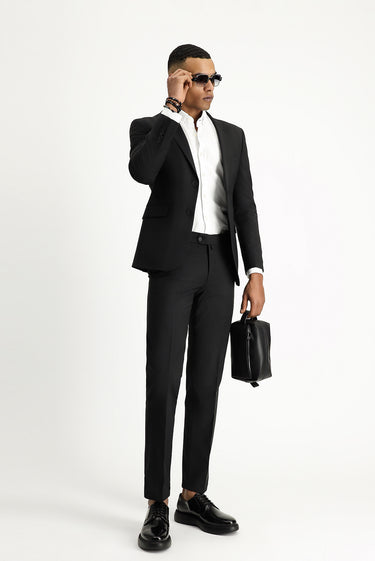 Siyah Slim Fit Dar Kesim Yünlü Klasik Takım Elbise