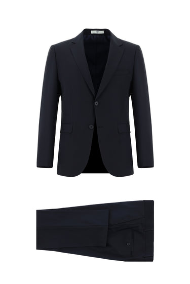 Koyu Lacivert Slim Fit Dar Kesim Yünlü Klasik Takım Elbise