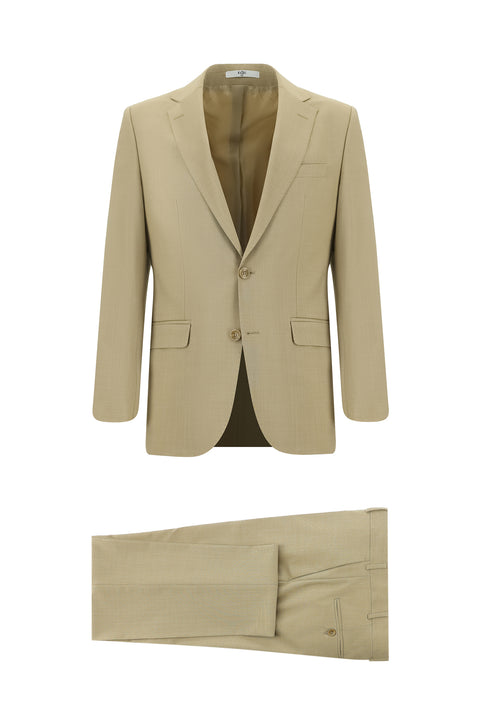 Orta Bej 6 Drop Regular Fit Standart Kesim Yünlü Takım Elbise