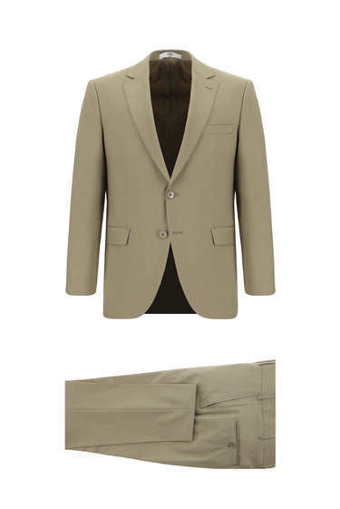  Koyu Bej Slim Fit Dar Kesim Yünlü Klasik Takım Elbise