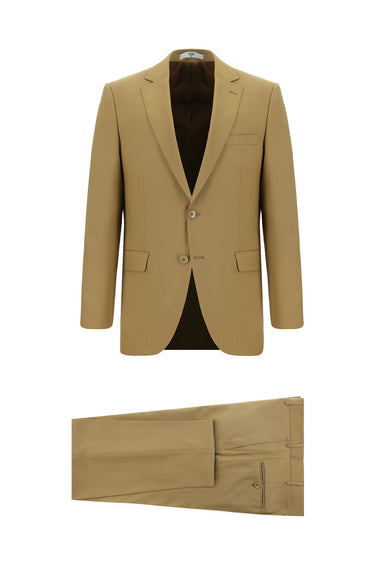 Taba Slim Fit Dar Kesim Yünlü Klasik Takım Elbise