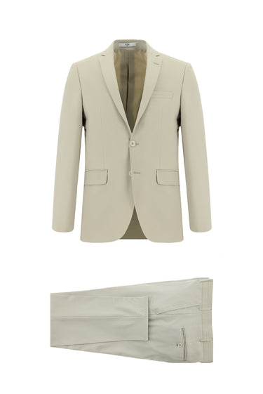 Krem Slim Fit Dar Kesim Yünlü Klasik Takım Elbise