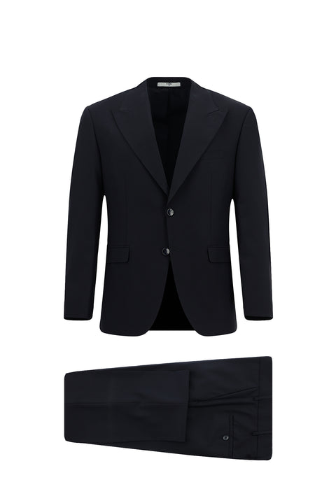 Koyu Lacivert 8 Drop Long Slim Fit Uzun Dar Kesim Yünlü Takım Elbise