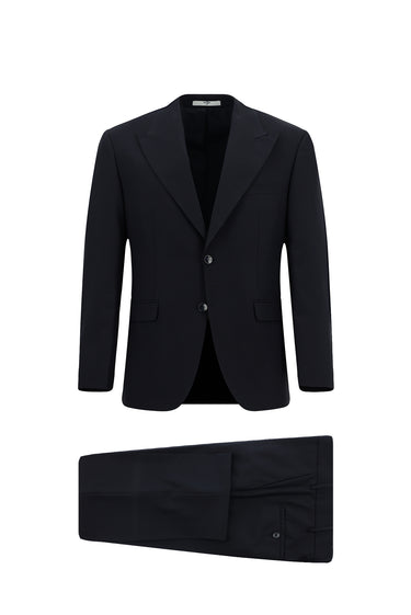 Koyu Lacivert Slim Fit Dar Kesim Yünlü Klasik Takım Elbise