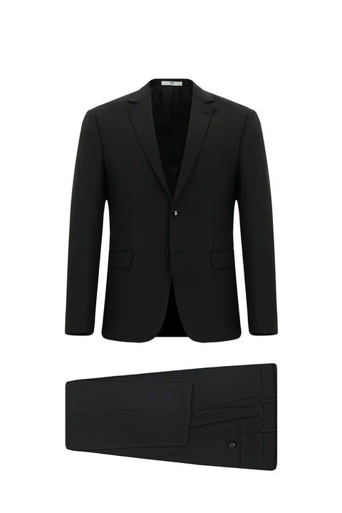 Siyah 7 Drop Super Slim Fit Eksra Dar Kesim Mono Yaka Yünlü Takım Elbise
