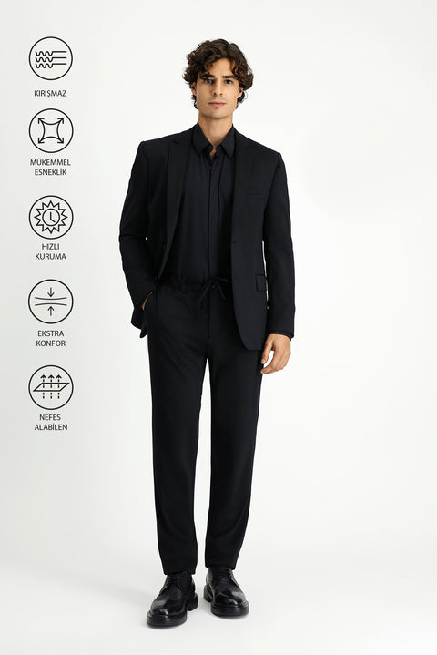 Black Techno-Line 7 Drop Super Slim Fit Extra Narrow Cut Elastic Waist Drawstring Suit with Bag and Lycra Fabric