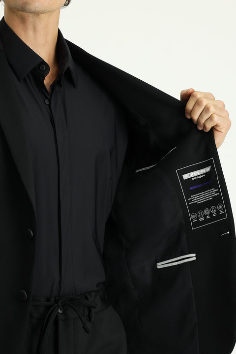 Siyah Techno-Line 7 Drop Super Slim Fit Eksra Dar Kesim Beli Lastikli İpli Çantalı Likralı Takım Elbise