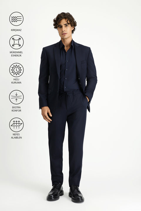 Koyu Lacivert Techno-Line 7 Drop Super Slim Fit Eksra Dar Kesim Beli Lastikli İpli Çantalı Likralı Takım Elbise