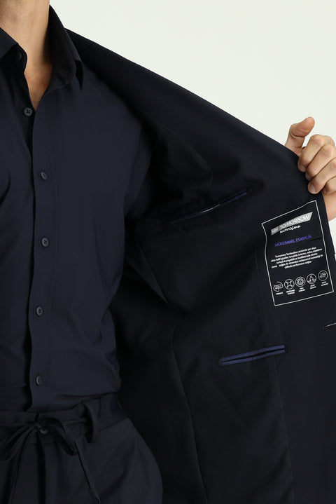 Koyu Lacivert Techno-Line 7 Drop Super Slim Fit Eksra Dar Kesim Beli Lastikli İpli Çantalı Likralı Takım Elbise