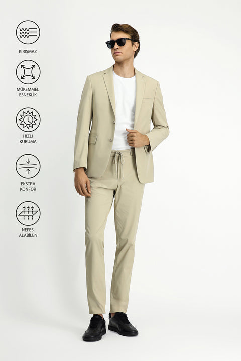 Orta Bej Techno-Line 7 Drop Super Slim Fit Eksra Dar Kesim Beli Lastikli İpli Çantalı Likralı Takım Elbise