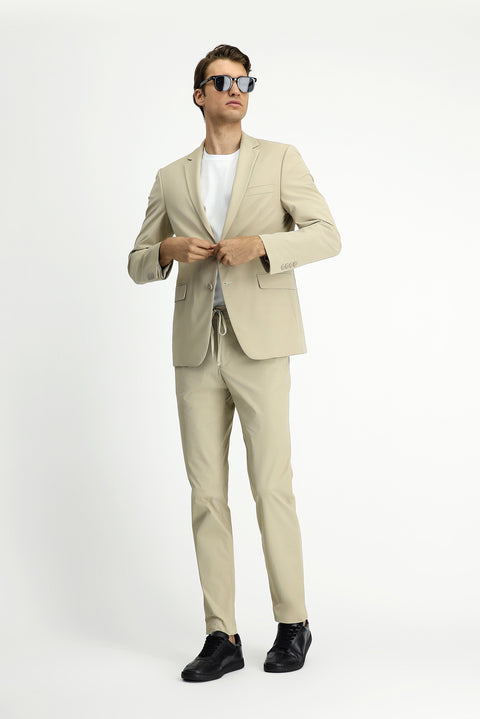 Orta Bej Techno-Line 7 Drop Super Slim Fit Eksra Dar Kesim Beli Lastikli İpli Çantalı Likralı Takım Elbise