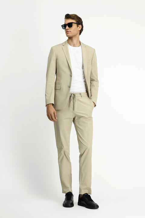 Orta Bej Techno-Line 7 Drop Super Slim Fit Eksra Dar Kesim Beli Lastikli İpli Çantalı Likralı Takım Elbise