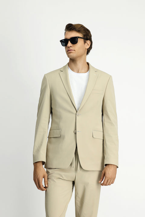 Orta Bej Techno-Line 7 Drop Super Slim Fit Eksra Dar Kesim Beli Lastikli İpli Çantalı Likralı Takım Elbise