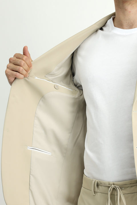 Orta Bej Techno-Line 7 Drop Super Slim Fit Eksra Dar Kesim Beli Lastikli İpli Çantalı Likralı Takım Elbise