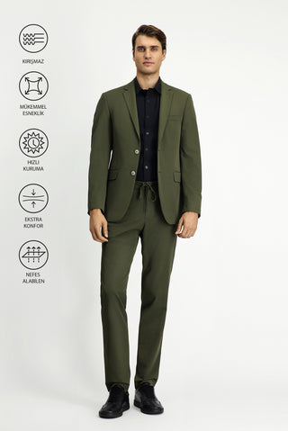  Orta Haki Techno-Line Super Slim Fit Ekstra Dar Kesim Beli Lastikli İpli Çantalı Likralı Takım Elbise