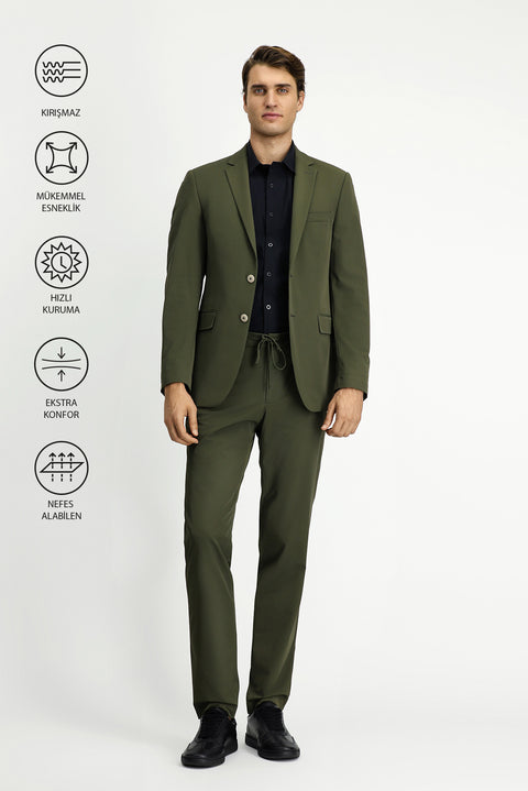 Orta Haki Techno-Line 7 Drop Super Slim Fit Eksra Dar Kesim Beli Lastikli İpli Çantalı Likralı Takım Elbise