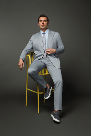  Bulut Gri Slim Fit Dar Kesim Pamuklu Lyocell Kruvaze Takım Elbise