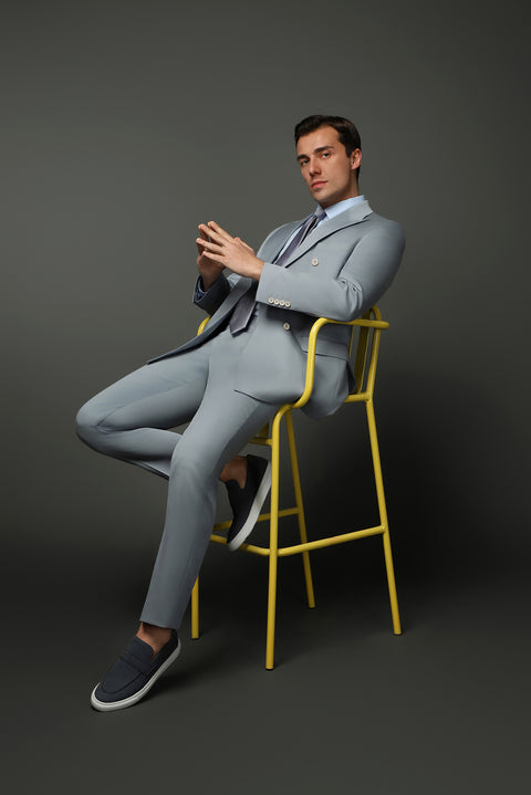 Bulut Gri 7 Drop Super Slim Fit Eksra Dar Kesim Pamuklu Lyocell Kruvaze Takım Elbise