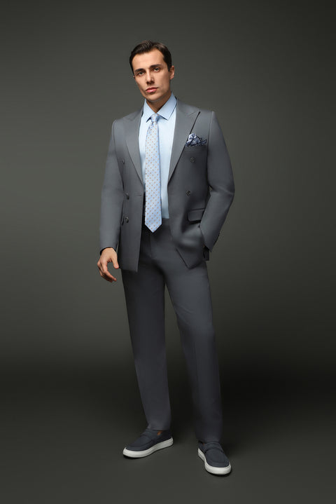 Orta Füme 7 Drop Slim Fit Dar Kesim Pamuklu Lyocell Kruvaze Takım Elbise