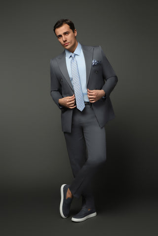  Orta Füme Slim Fit Dar Kesim Pamuklu Lyocell Kruvaze Takım Elbise