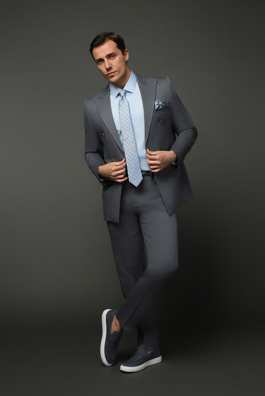 Orta Füme Super Slim Fit Ekstra Dar Kesim Pamuklu Lyocell Kruvaze Takım Elbise