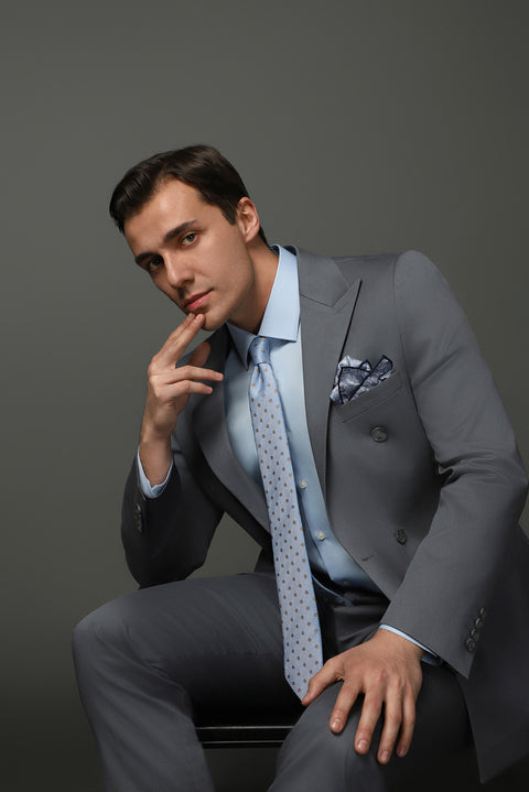 Orta Füme 7 Drop Super Slim Fit Eksra Dar Kesim Pamuklu Lyocell Kruvaze Takım Elbise