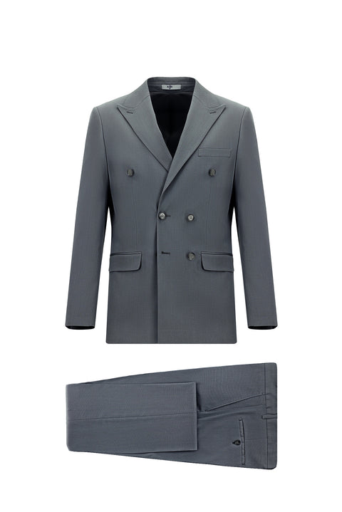 Orta Füme 7 Drop Slim Fit Dar Kesim Pamuklu Lyocell Kruvaze Takım Elbise