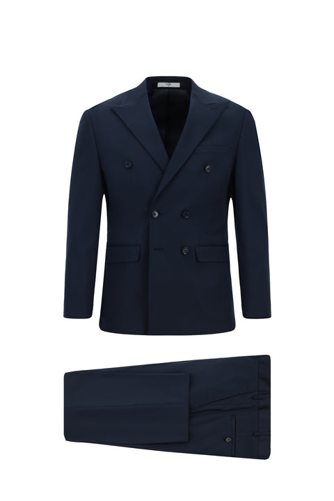 Koyu Lacivert 7 Drop Slim Fit Dar Kesim Pamuklu Lyocell Kruvaze Takım Elbise