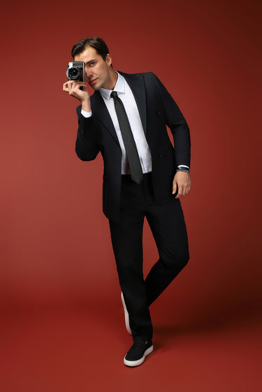  Siyah Lacivert Slim Fit Dar Kesim Pamuklu Lyocell Kruvaze Takım Elbise