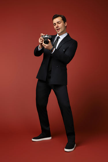  Siyah Lacivert Slim Fit Dar Kesim Pamuklu Lyocell Kruvaze Takım Elbise