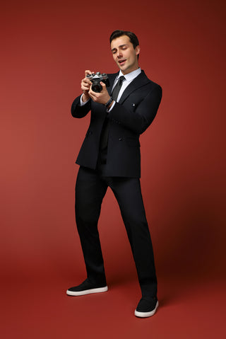  Siyah Lacivert Slim Fit Dar Kesim Pamuklu Lyocell Kruvaze Takım Elbise