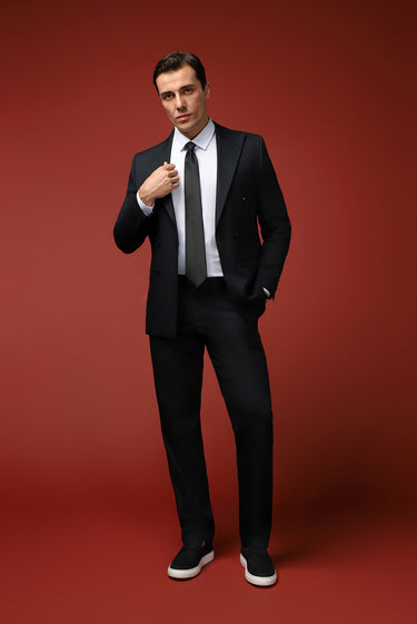  Siyah Lacivert Slim Fit Dar Kesim Pamuklu Lyocell Kruvaze Takım Elbise