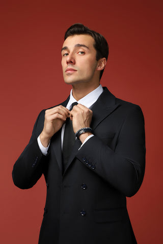  Siyah Lacivert Slim Fit Dar Kesim Pamuklu Lyocell Kruvaze Takım Elbise