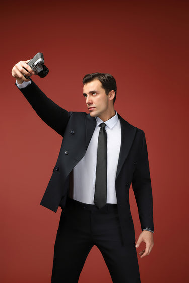 Siyah Lacivert Super Slim Fit Ekstra Dar Kesim Pamuklu Lyocell Kruvaze Takım Elbise