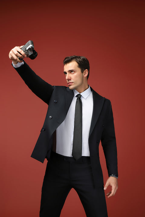 Siyah Lacivert 7 Drop Super Slim Fit Eksra Dar Kesim Pamuklu Lyocell Kruvaze Takım Elbise