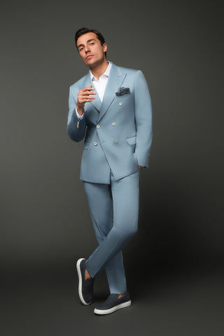  Açık Mavi Slim Fit Dar Kesim Pamuklu Lyocell Kruvaze Takım Elbise