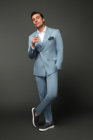 Açık Mavi Super Slim Fit Ekstra Dar Kesim Pamuklu Lyocell Kruvaze Takım Elbise